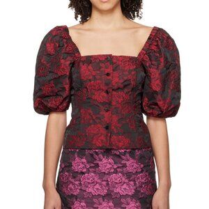 GANNI Black & Red Botanical Jacquard Blouse